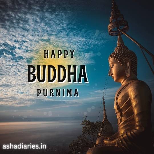 a Golden Statue of Buddha Sitting Serenely Against a Backdrop of a Clear Blue Sky with Soft Clouds, with the Text 'Happy Buddha Purnima' overlaid in stylized font, celebrating the Buddhist holiday commemorating the birth and enlightenment of Gautama Buddha.