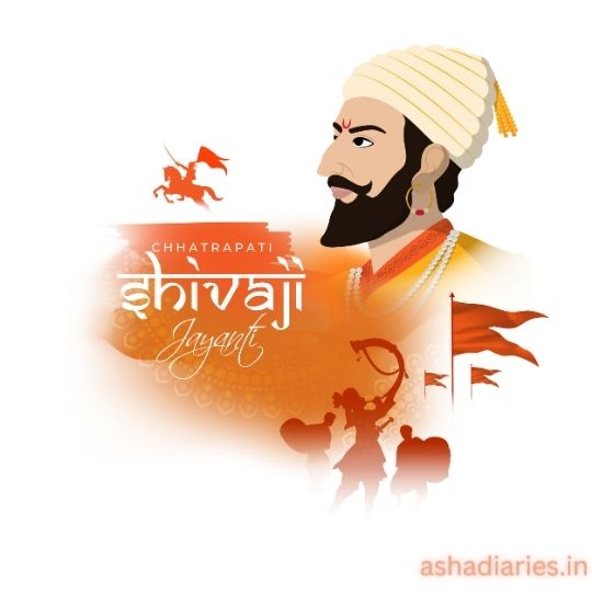 Graphic Illustration Commemorating Chhatrapati Shivaji Jayanti, Featuring a Stylized Portrait of Shivaji in Traditional Attire with a Turban, Set Against an Orange Background with Silhouettes of Soldiers on Horses and Decorative Text.