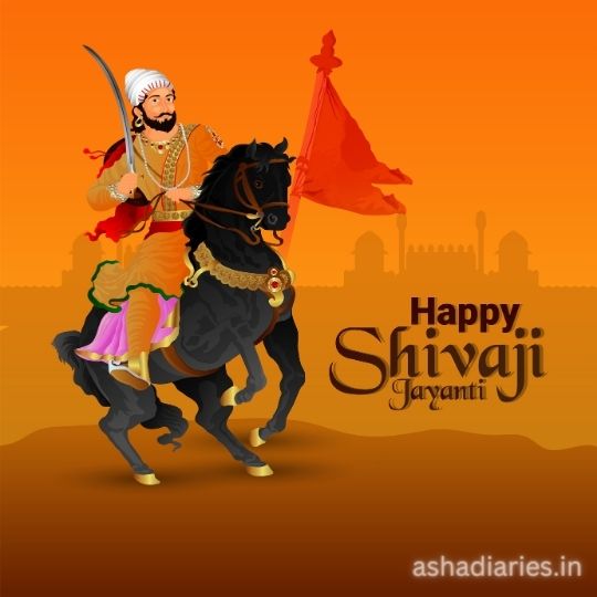 a Digital Illustration of a Historical Figure on Horseback, Celebrating Shivaji Jayanti with a Saffron Flag in the Background, on an Orange Gradient Backdrop.