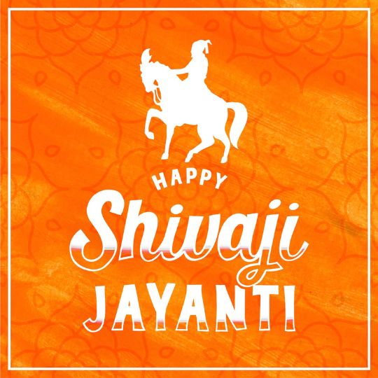 Graphic Wishing Happy Shivaji Jayanti Featuring a Silhouette of a Horse Rider on an Orange Background with Paisley Patterns.