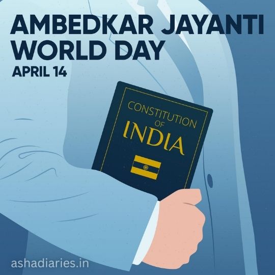 an Illustration Promoting Ambedkar Jayanti As a World Day on April 14, Featuring a Person Holding a Book Titled 'Constitution of India'.