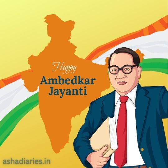 Illustration Celebrating Ambedkar Jayanti with a Cartoon Representation of Dr. B.r. Ambedkar, an Important Figure in Indian History, Holding a Book and Smiling Against a Background Featuring the Outline of India in Orange and the Indian Flag's colors. Text reads 'Happy Ambedkar Jayanti.