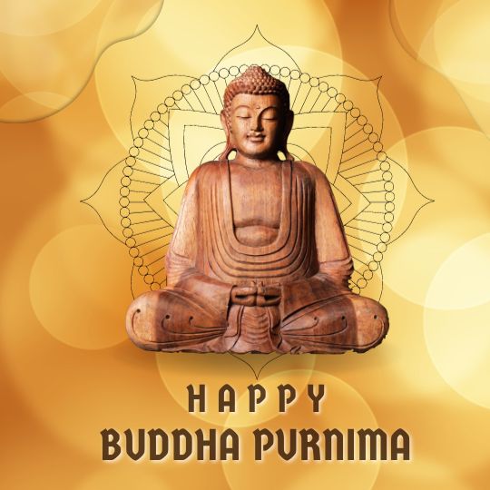 a Wooden Statue of Buddha in Meditation, with a Geometric Halo Background, on a Golden Yellow Backdrop with the Greeting "happy Buddha Purnima".