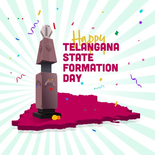 Illustration Celebrating Telangana State Formation Day with a Festive Background of Confetti and Streamers. in the Center, a Stylized Representation of the Trophy Stands on a Map Outline of Telangana. the Greeting 'Happy Telangana State Formation Day' is prominently displayed above.