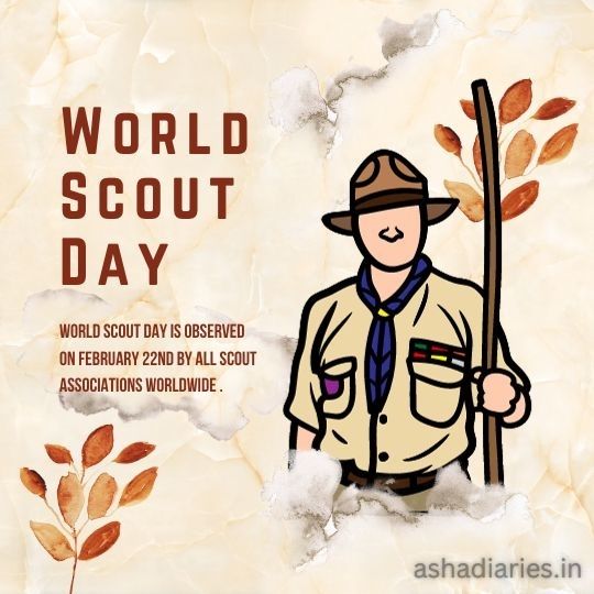 an Illustration Commemorating World Scout Day, Featuring a Stylized Scout Figure with a Hat and Neckerchief, Holding a Walking Stick, Against a Background of Leaves and Parchment.