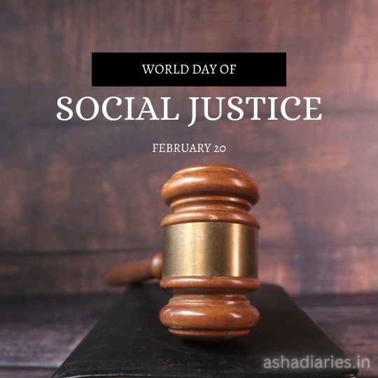 Promotional Image for World Day of Social Justice Featuring a Wooden Gavel on a Black Book with the Text 'World Day of Social Justice, February 20' against a blurred wooden background.