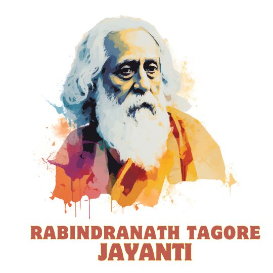 Graphic Illustration of Rabindranath Tagore in a Vibrant Watercolor Style with Text 'Rabindranath Tagore Jayanti'