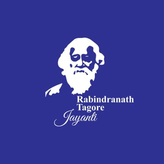 Graphic Illustration Featuring a White Silhouette of Rabindranath Tagore on a Deep Blue Background with the Text 'Rabindranath Tagore Jayanti' below.