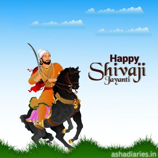 a Digital Illustration of Chhatrapati Shivaji Maharaj Riding a Horse with a Sword in Hand, Against a Blue Sky with Clouds, Celebrating Shivaji Jayanti.