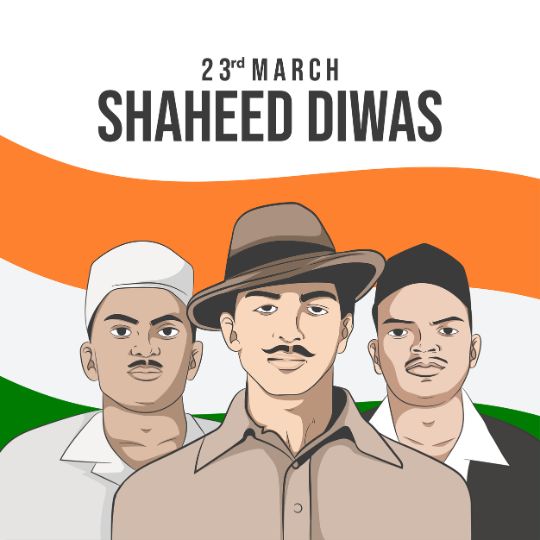 Graphic Illustration Commemorating Shaheed Diwas on 23rd March, Featuring Three Iconic Figures from Indian History Against the Backdrop of the Indian National Flag Colors.