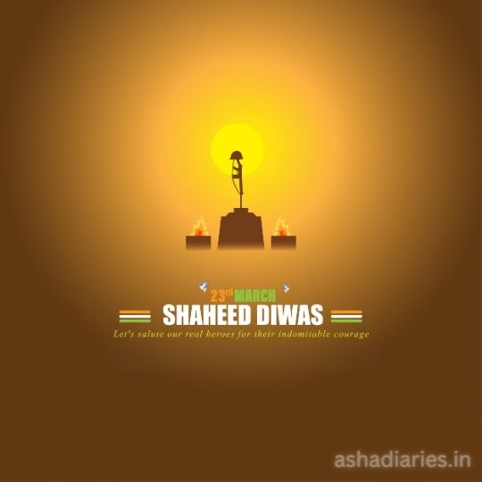 an Illustration for Shaheed Diwas (martyrs' Day) observed on 23rd March, with a silhouette of a soldier saluting, against the backdrop of a glowing light bulb, flanked by flames, honoring the bravery and sacrifice of martyrs.