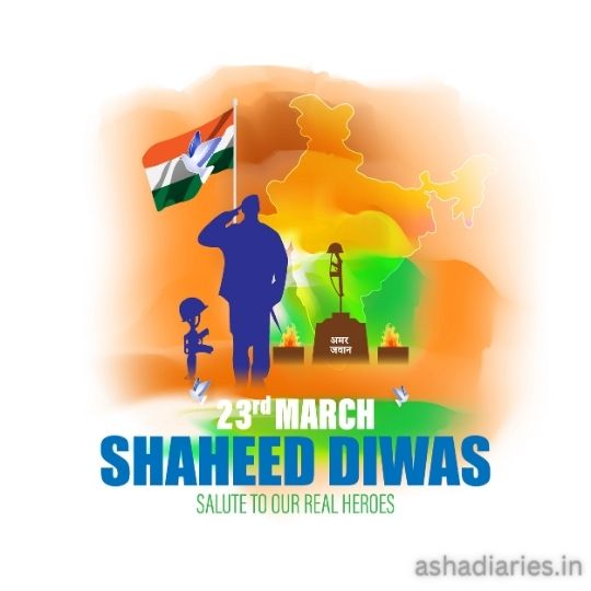 Graphic for Shaheed Diwas on 23rd March, Paying Tribute to National Heroes. the Illustration Includes the Outline of India with a Silhouette of a Saluting Soldier Holding the Indian Flag. in the Foreground, Two Memorial Flames Are Depicted with 'Shaheed Diwas' text overlaid. The background is a gradient of Saffron and green, echoing the colors of the Indian flag