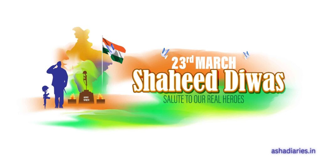 Graphic Banner Commemorating Shaheed Diwas on 23rd March with Silhouettes of a Saluting Soldier and a Memorial Flame, Against a Backdrop of the Indian Flag Colors and Doves of Peace.