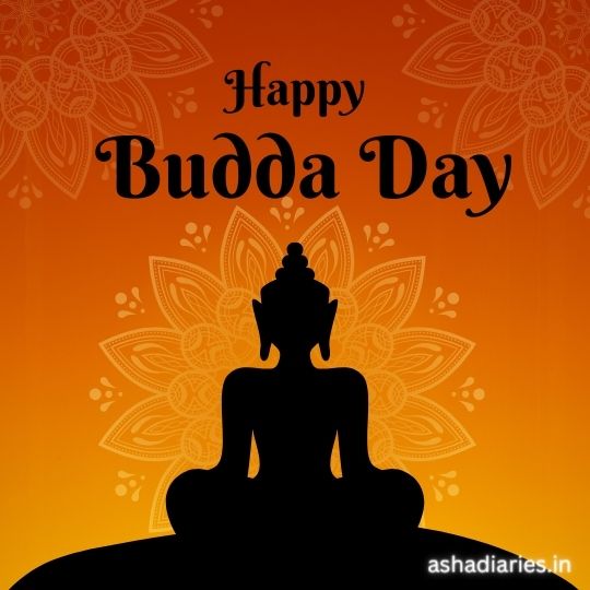 a Graphic Wishing 'Happy Buddha Day' with a silhouette of a seated Buddha against an orange background adorned with intricate mandala patterns and delicate filigree.