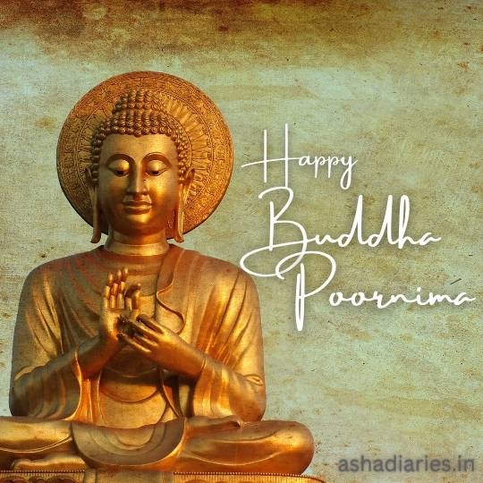 a Golden Statue of Buddha with a Halo, Hands in a Mudra Position, on a Textured Background with the Greeting "happy Buddha Purnima" in Cursive Script.