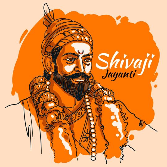 an Illustration of Shivaji Maharaj, the Founder of the Maratha Empire, with a Celebratory Message for Shivaji Jayanti on an Orange Background.