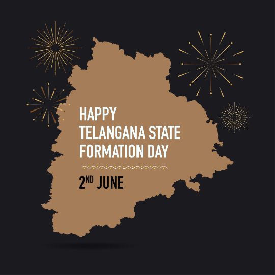 Illustration Commemorating Telangana State Formation Day with a Silhouette of the Telangana Map in Brown on a Black Background, Adorned with Gold Firework Displays, and the Text 'Happy Telangana State Formation Day 2nd June'.