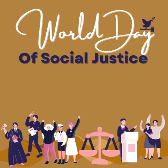 Illustration for World Day of Social Justice Featuring Diverse People, Including a Judge, a Graduate, Activists, and a Speaker at a Podium, with Symbols Like a Peace Dove, Scales of Justice, and a Megaphone, Set Against a Warm Mustard Background with the Event Title in Elegant Script.