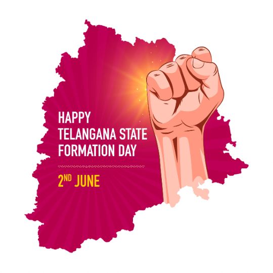 Graphic for Telangana State Formation Day Celebration, Featuring an Outline of Telangana State in Pink with a Radiant Light Effect and a Raised Fist Symbolizing Unity or Resistance, with the Text 'Happy Telangana State Formation Day' and the date '2nd June' prominently displayed.