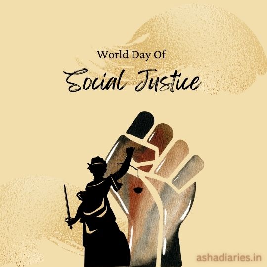 an Illustration Commemorating World Day of Social Justice Featuring a Silhouette of Lady Justice Holding a Sword and Scales, with Raised Fists of Different Colors Symbolizing Unity and the Struggle for Equality and Rights.