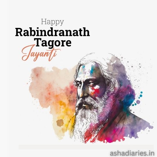 Artistic Illustration of Rabindranath Tagore with Colorful Watercolor Effects, Accompanied by the Text 'Happy Rabindranath Tagore Jayanti' on a light background.