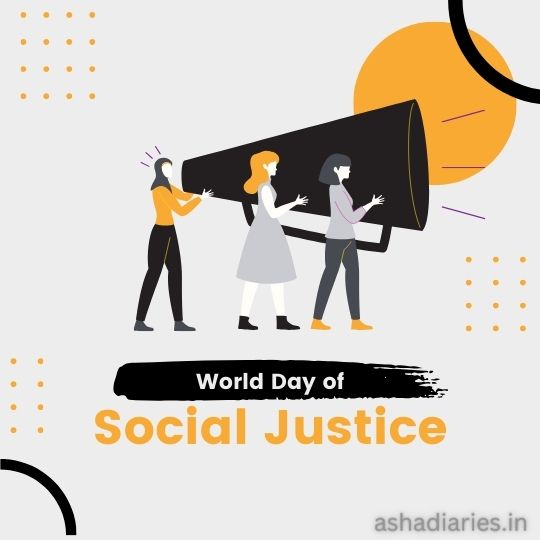 Graphic Illustration for World Day of Social Justice Featuring Three People Holding a Large Megaphone Together, Symbolizing the Amplification of Social Justice Issues. the Background is Adorned with Abstract Elements and Dots, with a Large Orange Circle Suggesting a Sun or Spotlight.