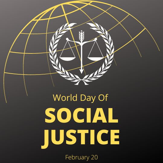 World Day of Social Justice Promotional Graphic with Scales of Justice and Laurel Wreath.