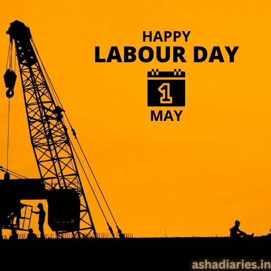 Graphic for Labour Day Celebration Featuring Silhouettes of Workers and Construction Machinery Against a Yellow Background, with the Text 'Happy Labour Day' and the date '1 May' displayed above.