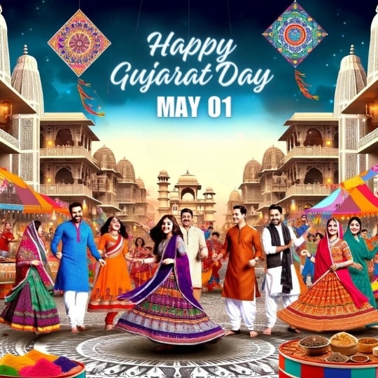 a Group of People in Colorful Traditional Indian Attire Celebrating Gujarat Day, with Cultural Decorations, Food, and Historical Architecture in the Background.