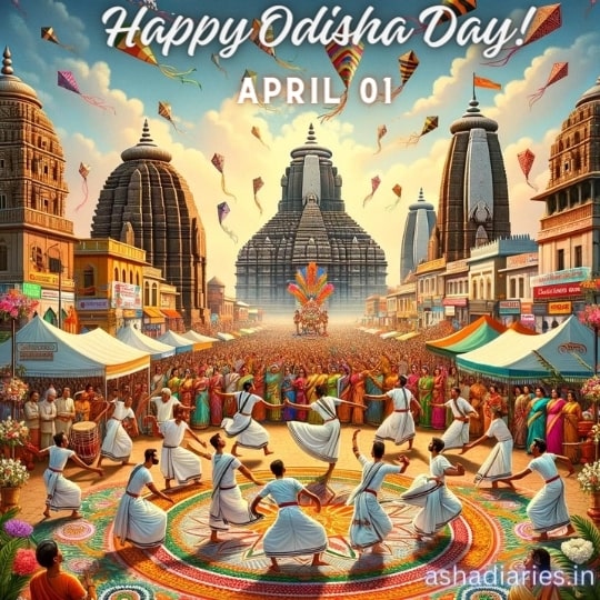 a Vibrant Illustration Celebrating Odisha Day, with People Dressed in Traditional White Attire Performing a Dance in a Circle in the Foreground. the Background Shows a Bustling Street Leading to the Famous Jagannath Temple in Puri, Flanked by Other Historic Structures Under a Clear Blue Sky Adorned with Flying Kites. Text at the Top Says 'Happy Odisha Day! APRIL 01' and the watermark 'ashadiaries.in' at the bottom.