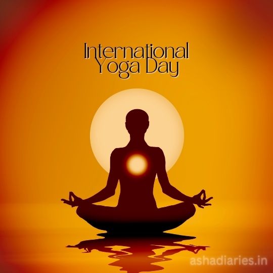 Alt Text: "silhouette of a Person Meditating in a Yoga Pose Against an Orange Background with a Large Sun Symbol Behind Them, with the Words 'International Yoga Day' above."