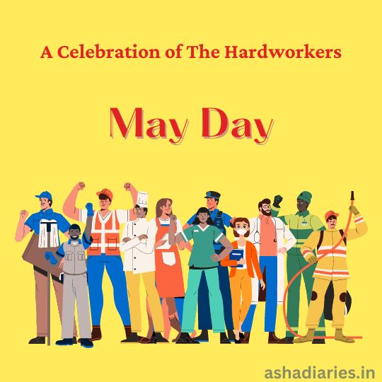 a Group of Diverse Workers Standing Together in Solidarity to Celebrate May Day, with Text Above Saying "a Celebration of the Hardworkers" and "may Day" Against a Yellow Background.