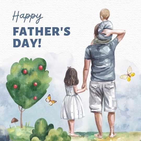 a Father with Two Children, a Girl Holding His Hand and a Boy Sitting on His Shoulders, Looking at a Tree and Butterflies, on a Father's Day greeting card.