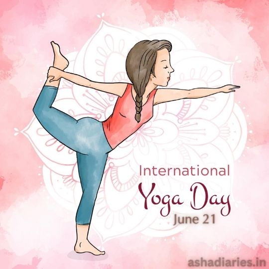 Illustration for International Yoga Day Showing a Person in a Yoga Pose with One Leg Extended Backward and Held by the Hand, Other Arm Stretched Forward for Balance. a Mandala Pattern and a Soft Pink Watercolor Background Enhance the Peaceful Vibe of the Image. Text Reads: 'International Yoga Day June 21'.