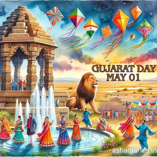 Illustration Celebrating Gujarat Day on May 01, with Vibrant Kites Flying in the Sky, a Majestic Lion, a Detailed Stone Arch Monument, and People Dressed in Colorful Traditional Attire Dancing Around a Fountain.