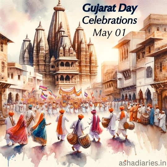 a Vibrant Watercolor Painting Depicting the Gujarat Day Celebrations on May 1st, with a Crowd of People Dressed in Traditional Indian Attire Participating in a Festive Procession. in the Foreground, Women in Colorful Sarees and Men in White Kurtas and Turbans Are Seen Dancing and Playing Drums. Majestic Temples with Intricate Architecture Rise in the Background Under a Soft Sky, Complementing the Festive Atmosphere in the Streets Lined with Historic Buildings.