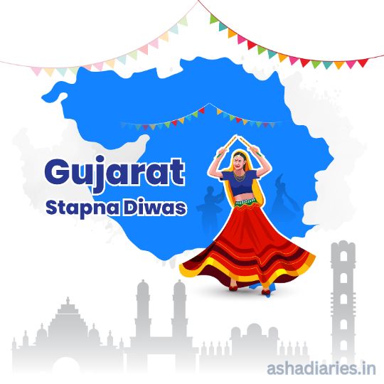 a Promotional Graphic for Gujarat Foundation Day, Featuring an Outline Map of Gujarat in Blue, a Dancer in Traditional Attire, and Silhouettes of Famous Landmarks.