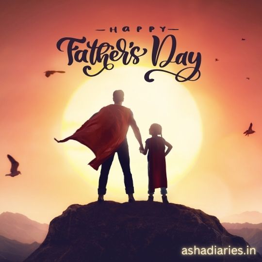 a Digital Illustration for Father's Day featuring silhouettes of a father and child standing on a mountain peak. The father is depicted as a superhero with a cape billowing in the wind, and the child stands beside him with hands on hips. Both are looking towards a large, warm setting sun that sits at the horizon, casting a golden glow. The sky is adorned with a calligraphy text that reads "Happy Father's Day" and birds are flying in the distance, enhancing the feeling of freedom and grandeur.