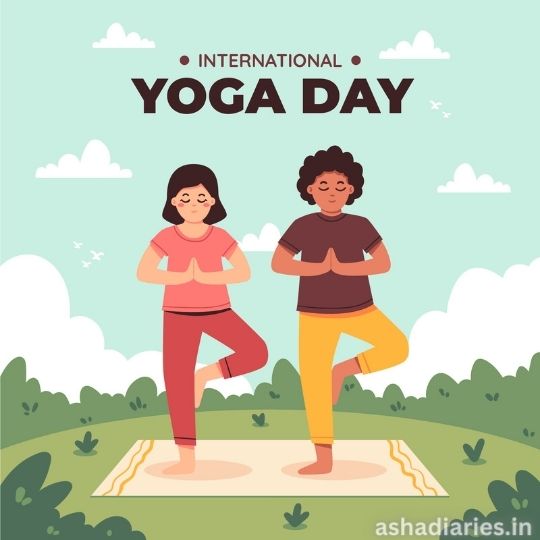 an Illustration of Two People Practicing Yoga on Mats Outdoors for International Yoga Day.