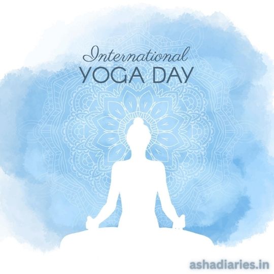 an Illustration Promoting International Yoga Day, Featuring the Silhouette of a Person Meditating in the Lotus Position, Set Against a Detailed Mandala Background with a Watercolor Texture in Shades of Blue. the Text "international Yoga Day" is Prominently Displayed Above the Silhouette.