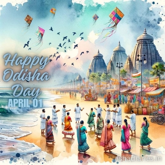 a Colorful Illustration Celebrating Odisha Day with People Dressed in Traditional Attire Dancing on the Beach, with Kites Flying in the Sky and the Famous Jagannath Temple in the Background. the Image Also Features a Bustling Beach Market Scene, and the Date "april 01" is Highlighted, Indicating the Day of Celebration.