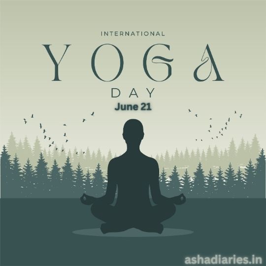 an Illustration for International Yoga Day, Showing a Silhouette of a Person Meditating in a Lotus Position with a Serene Forest Backdrop, Birds Flying in the Distance, and the Event's title and date, June 21, prominently displayed.