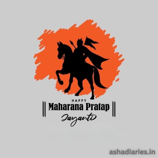 a Silhouette of a Warrior Riding a Horse with a Flowing Cape Against a Vibrant Orange Brush Stroke Background. Text Below Reads "happy Maharana Pratap Jayanti".