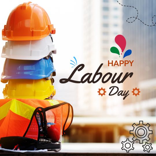 a Stack of Safety Helmets in Different Colors (orange, Yellow, and Blue) on Top of a High Visibility Vest with Safety Goggles and Ear Protection, in Front of a Blurred Urban Background. the Image Includes a "happy Labour Day" Greeting with Playful Graphics and Gears.