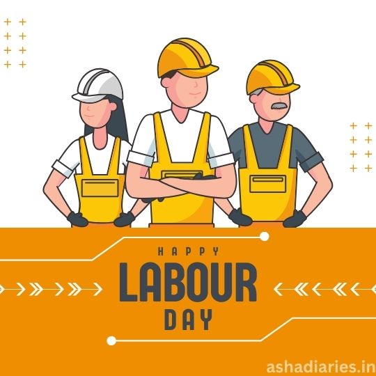 Image of a Labour Day Greeting Card Featuring Three Animated Workers in Safety Gear. the Workers, with Confident Postures, Stand Against an Orange Background with Decorative Elements Like Stars and Arrows. the Text "happy Labour Day" is Prominently Displayed.