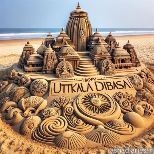 a Detailed Sand Sculpture on a Beach Celebrating "utkala Dibasa" with Intricate Designs Including Temples and Floral Patterns.