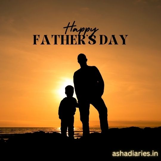 Silhouette of a Man and a Child Standing Together Against a Sunset Backdrop with the Text 'Happy Father's Day' above them.