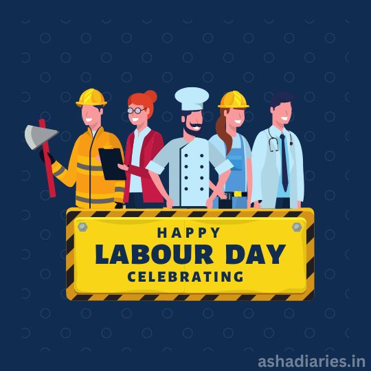 Illustration of Diverse Professionals Celebrating Labour Day, Including a Firefighter, an Engineer, a Chef, a Nurse, and a Doctor, All Standing Behind a Large Banner That Reads "happy Labour Day Celebrating".