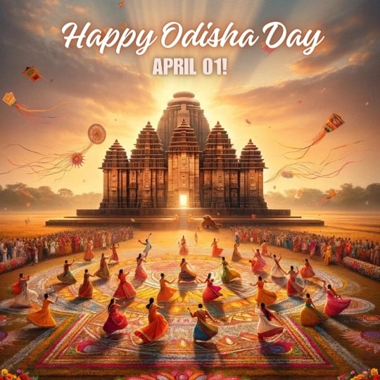 a Vibrant and Festive Graphic Celebrating Odisha Day, Featuring a Group of People in Colorful Traditional Attire Dancing in a Circular Pattern on a Floral Carpet, with Kites Flying in the Background and the Iconic Konark Sun Temple in Odisha, India, Seen Against the Backdrop of a Dramatic Sunrise. the Text "happy Odisha Day April 01!" is Prominently Displayed at the Top.