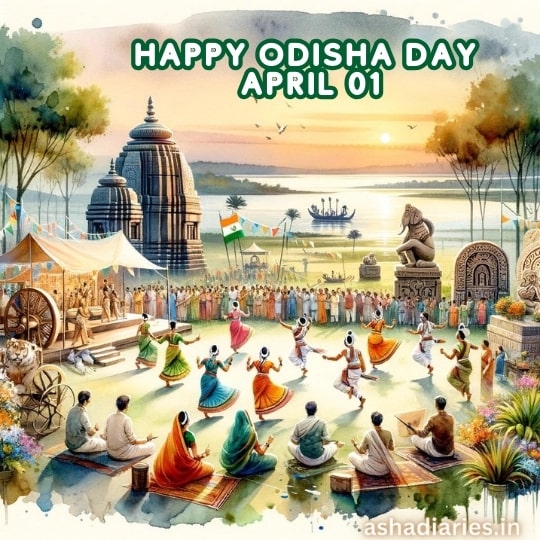 a Colorful Illustration Celebrating Odisha Day, with Traditional Dancers Performing in a Circle in Front of the Iconic Konark Sun Temple and Other Architectural Landmarks, As Spectators in Traditional Attire Watch, Set Against a Backdrop of the Bay of Bengal During Sunset.